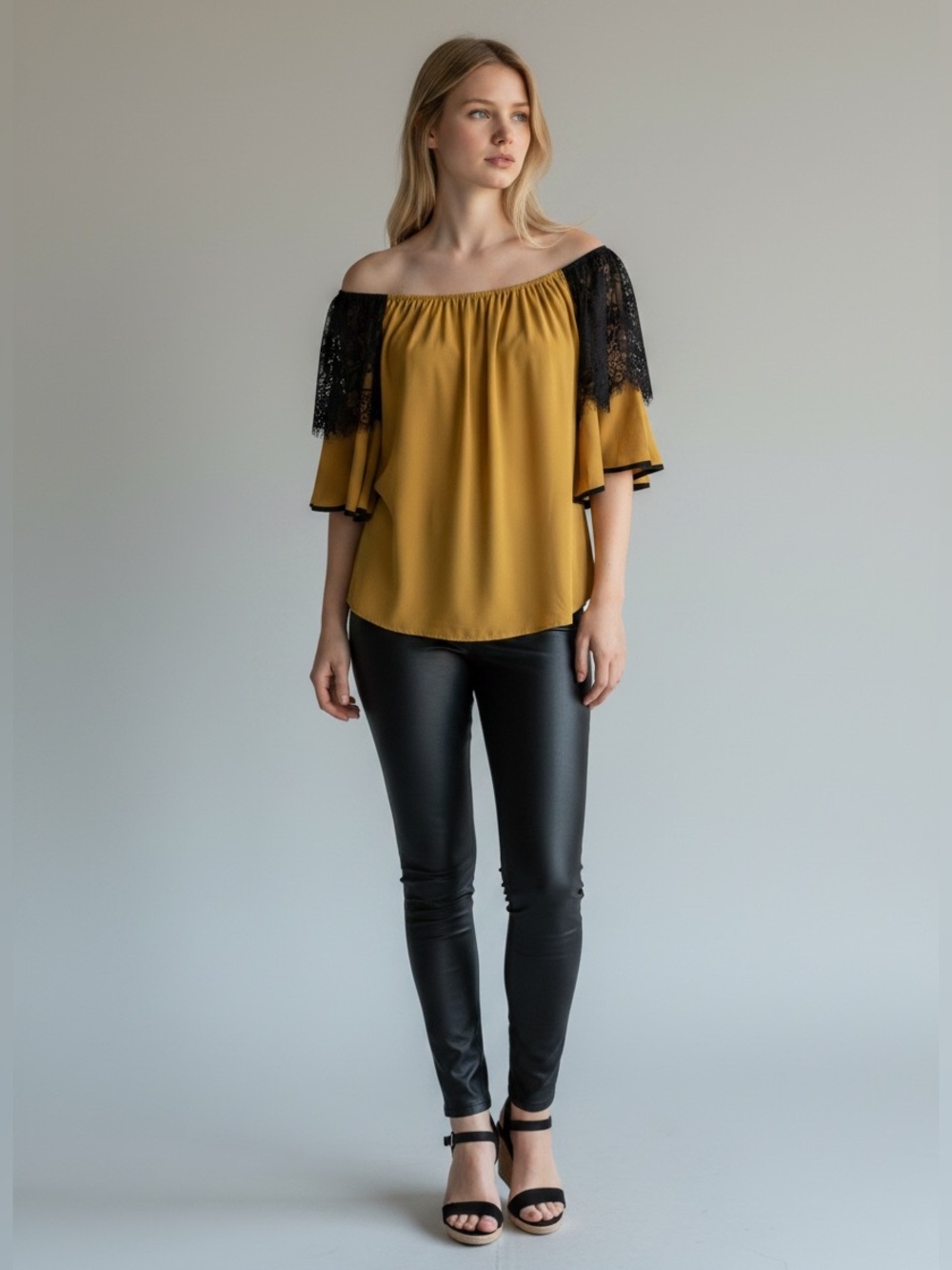 entro Mustard Off-Shoulder Top with Black Lace Sleeves